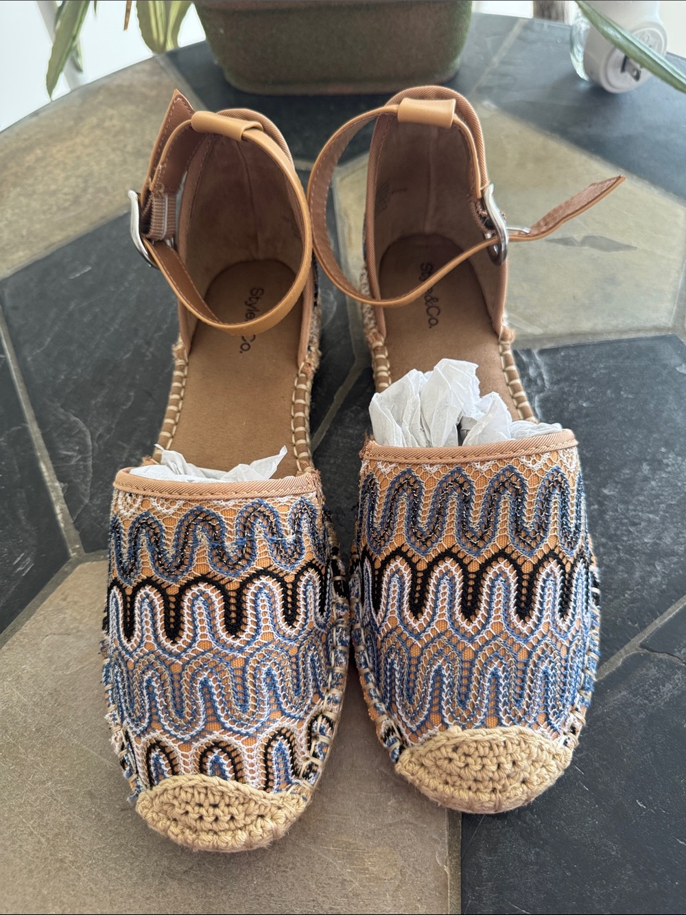 Style & Co. Tan and Blue Woven Ankle-Strap Espadrilles